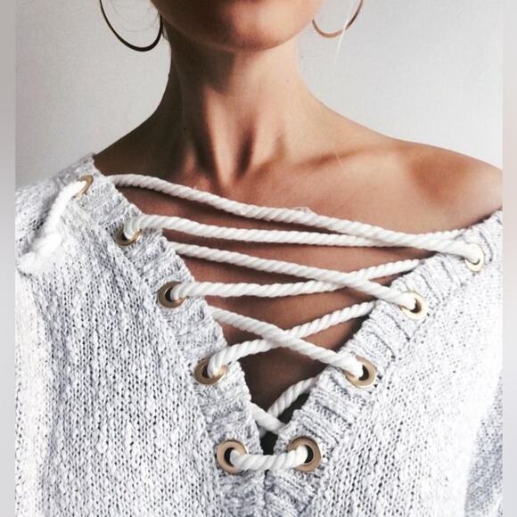 Revolve Lovers + Friends Yacht Grey Rope Lace Up Cotton Sweater Size Small - Picture 1 of 7